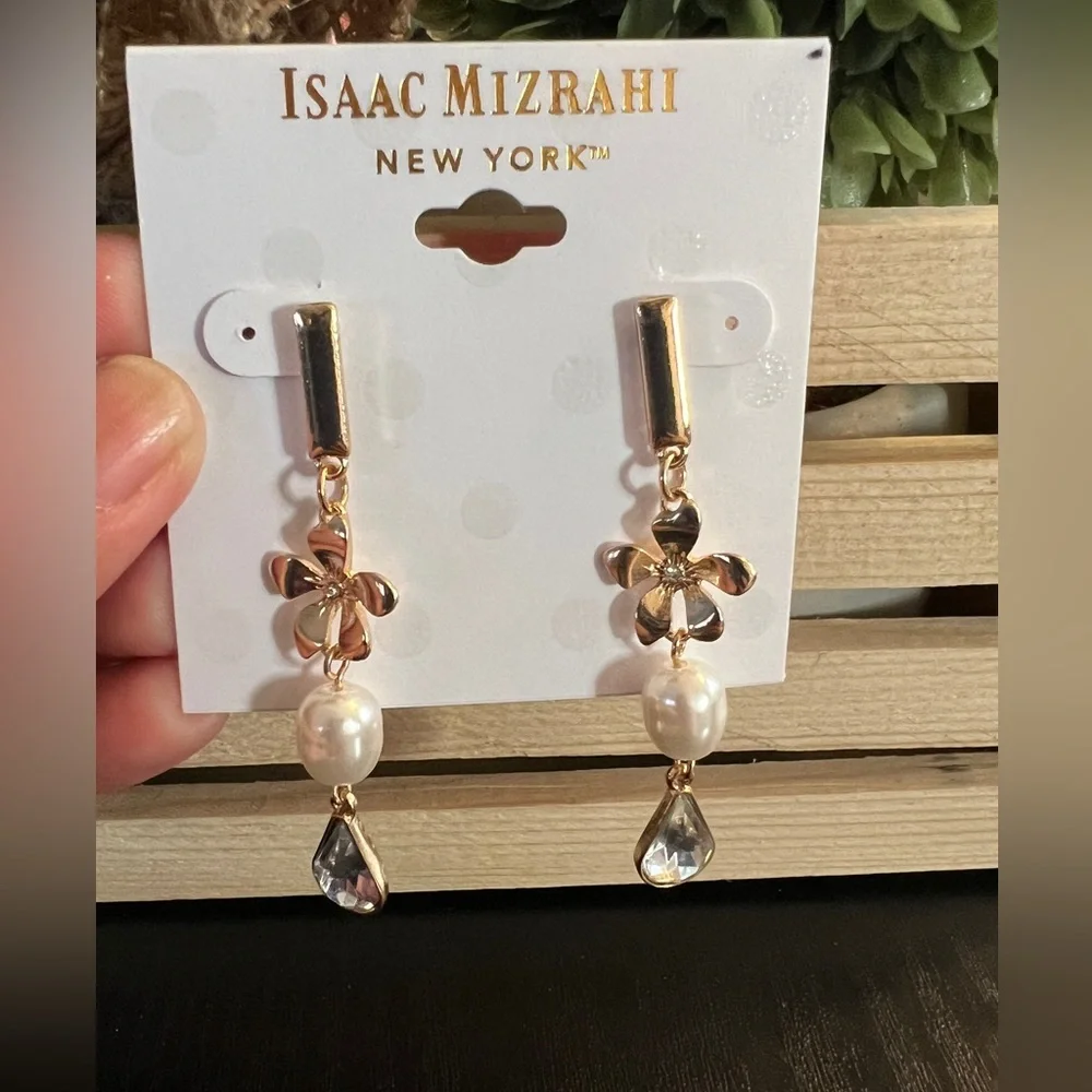 Isaac Mizrahi Flower Faux Pearl Drop Earrings - Picture 1 of 5